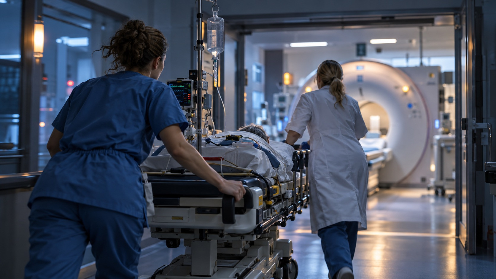 notfallradiologie-notaufnahme-ct-nacht Notfallteam bringt Patientin nachts zur CT-Untersuchung, Notfallradiologie mit teleradiologischer Befundung
