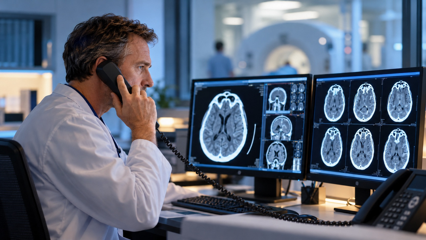 Teleradiologe befundet Kopf-CT im Notfall und meldet den Befund telefonisch an das behandelnde Team
