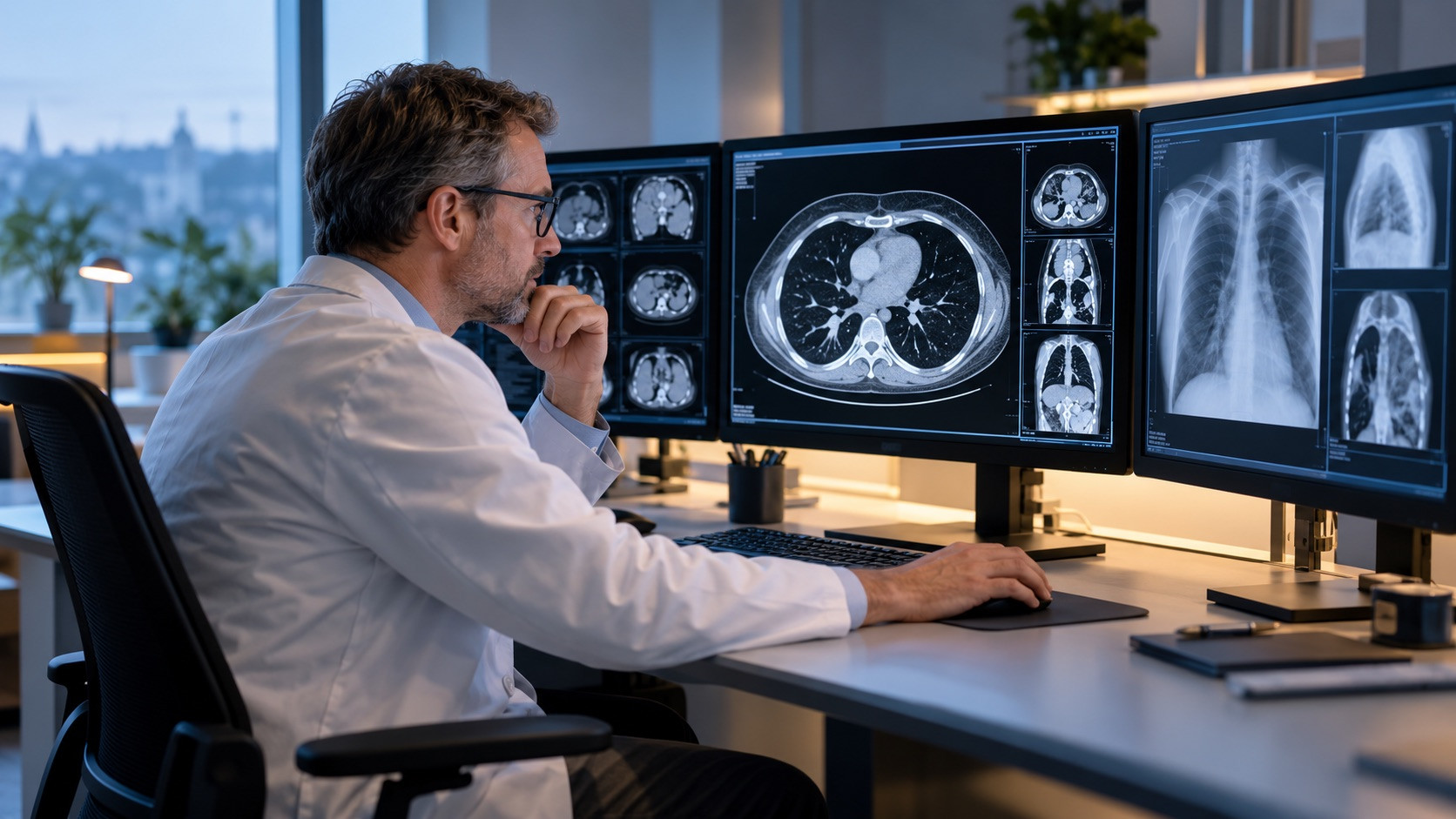 Externer Facharzt für Radiologie befundet Röntgen- und CT-Aufnahmen für eine Partnerklinik