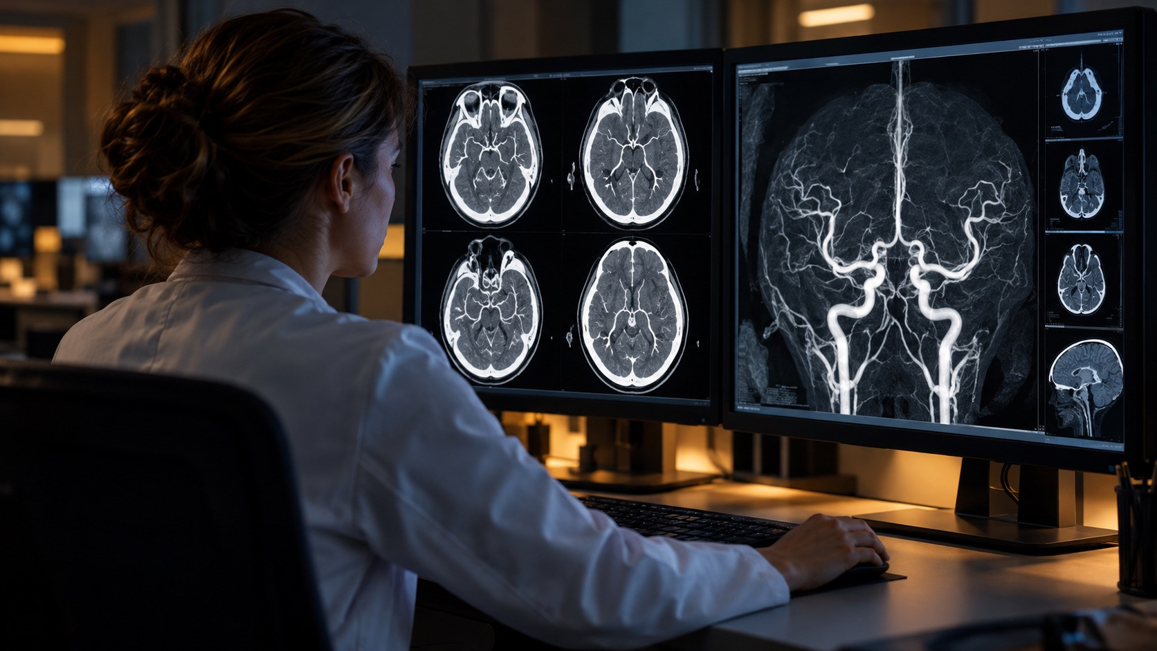 schlaganfalldiagnostik-ct-angiografie Ärztin beurteilt eine CT-Angiografie der Hirngefäße zur Schlaganfalldiagnostik