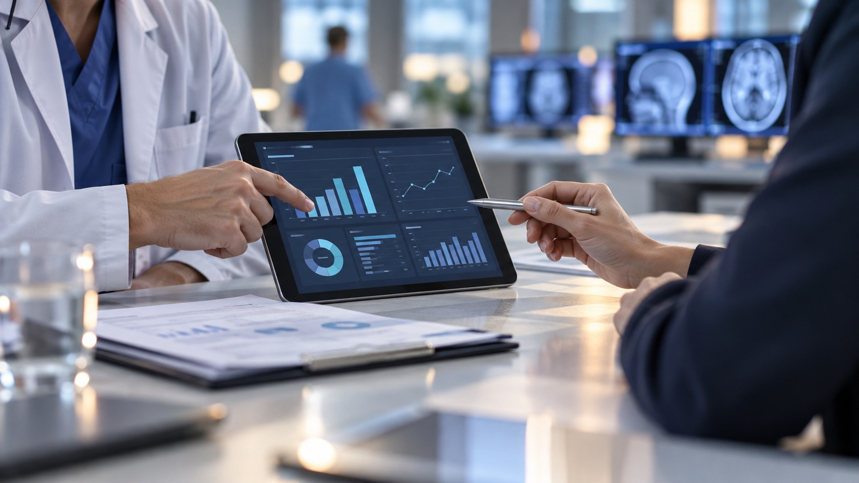 Klinik und Teleradiologie-Partner besprechen die Kennzahlen eines Service Level Agreements