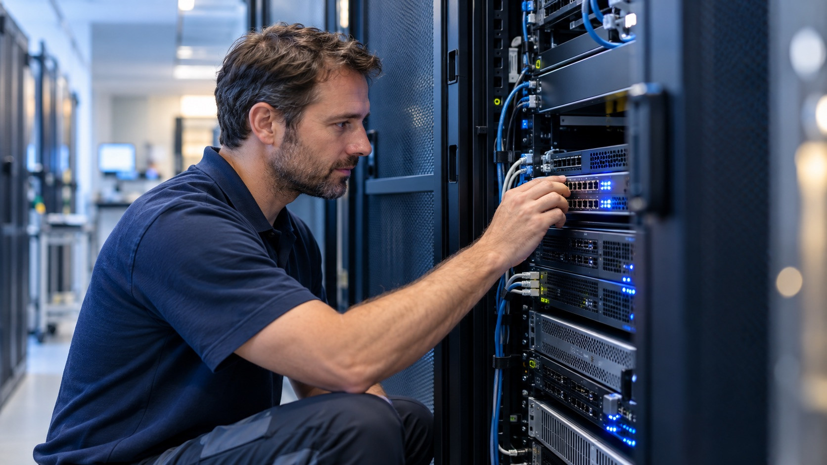 teleradiologie-gateway-serverraum IT-Techniker prüft das Teleradiologie-Gateway im Serverraum einer Klinik